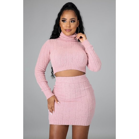 Pink Turtleneck Top & Mini Skirt 2 Piece Set - Picture 2 of 5